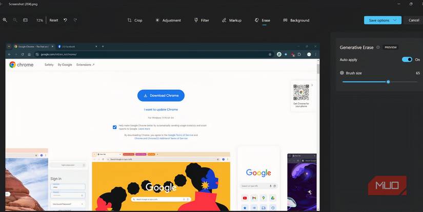 Опция Generative Erase в режиме редактирования Photos выделена
