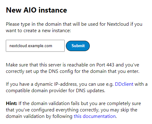 Создание новой инстанции Nextcloud AIO