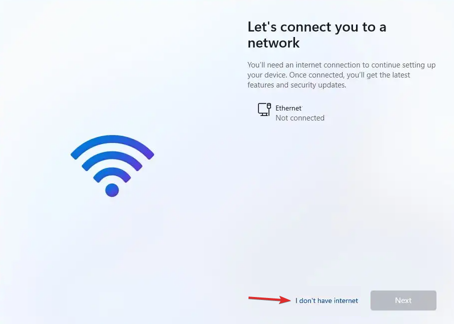 Экран 'Let's connect you to a network' — опция 'I don't have Internet'