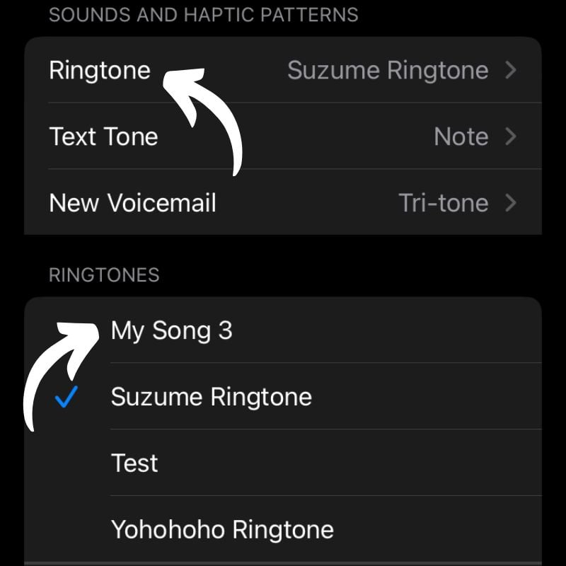 выбор рингтона в настройках iPhone
