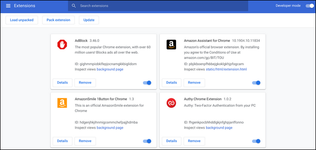Страница расширений Chrome с переключателями и кнопками удаления