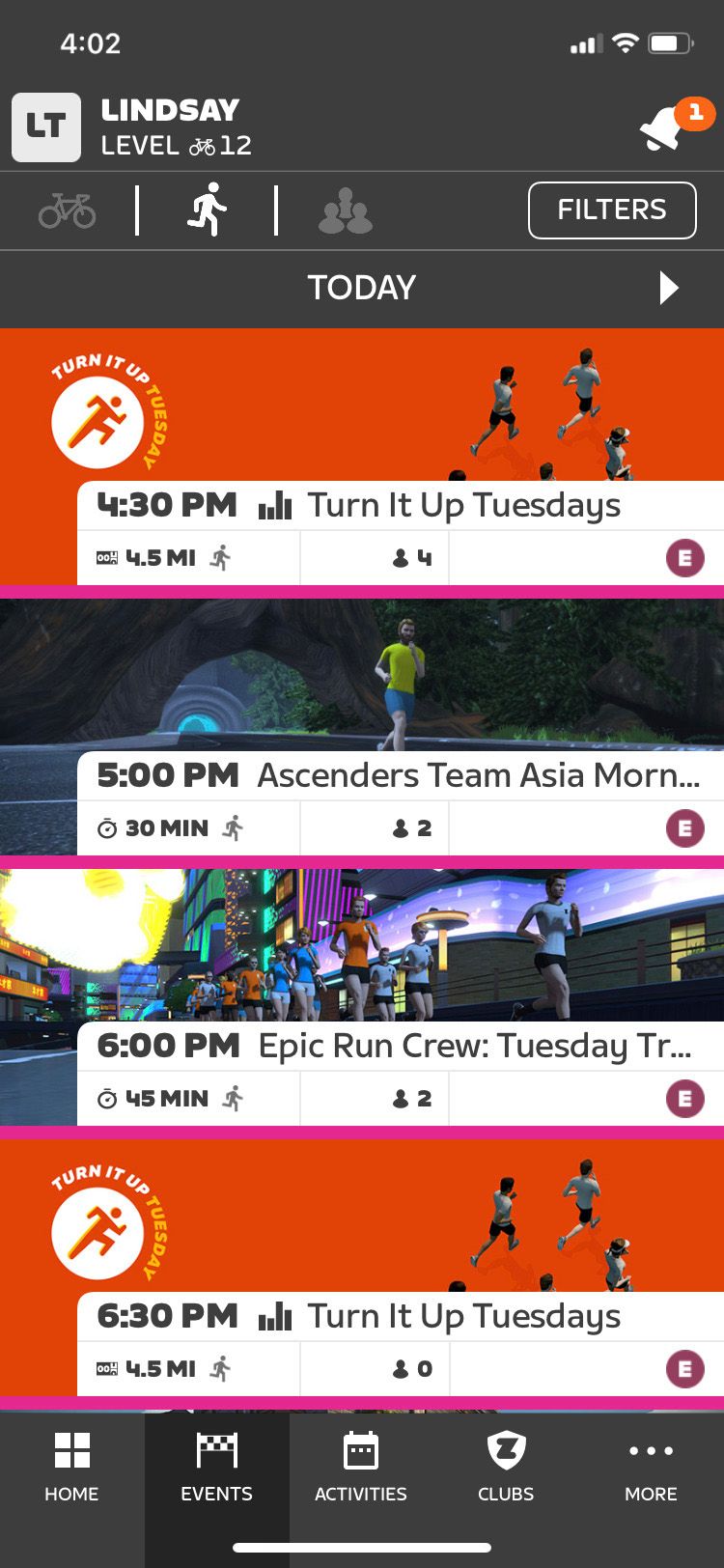 Zwift Companion app running events screen