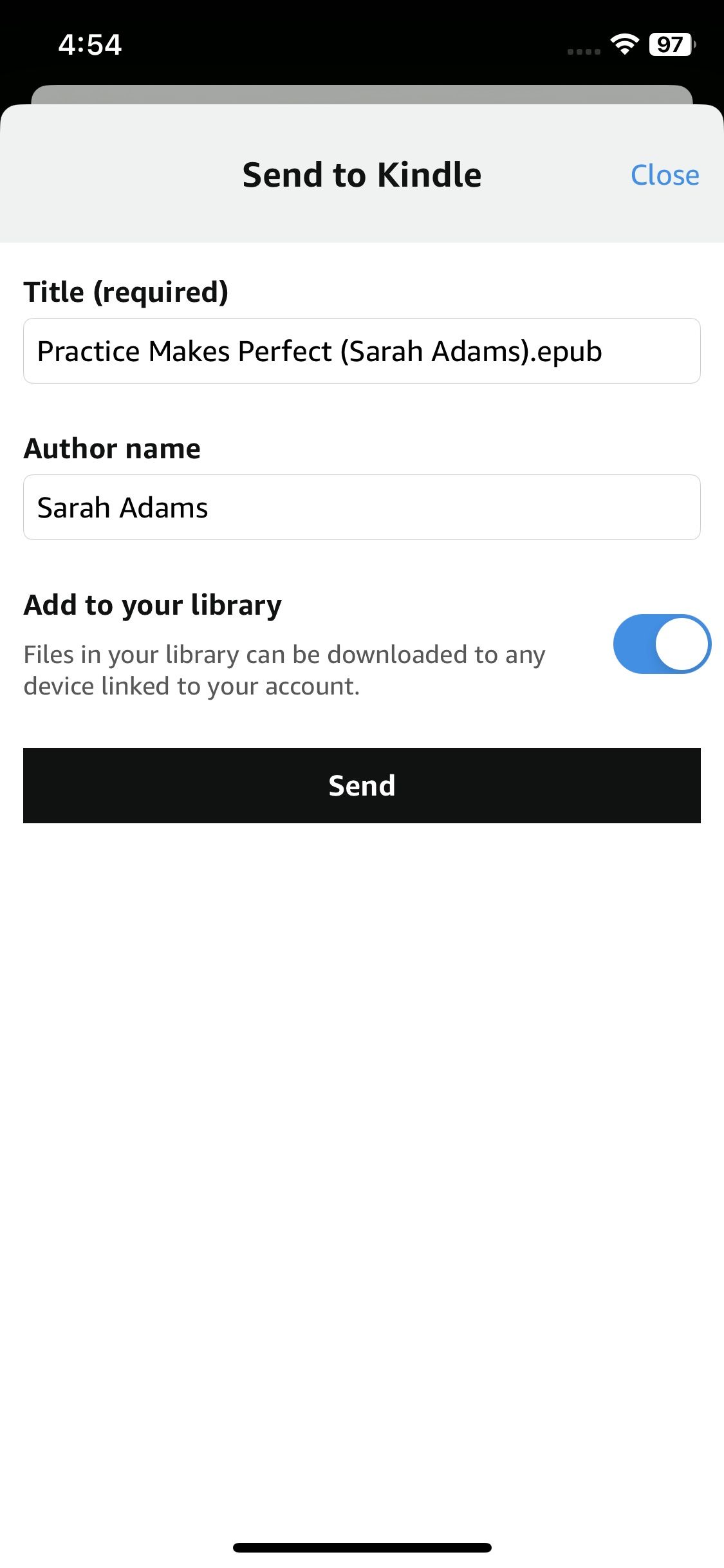Окно Send to Kindle на iOS