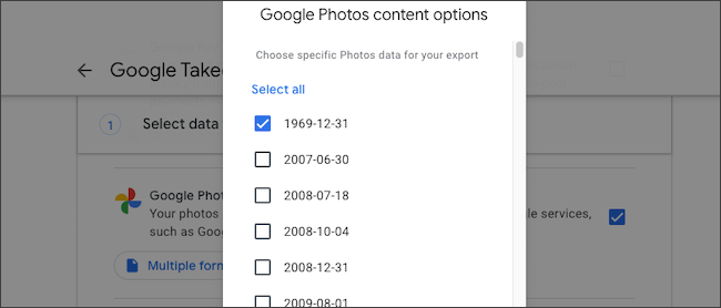 Окно выбора альбомов Google Photos для экспорта