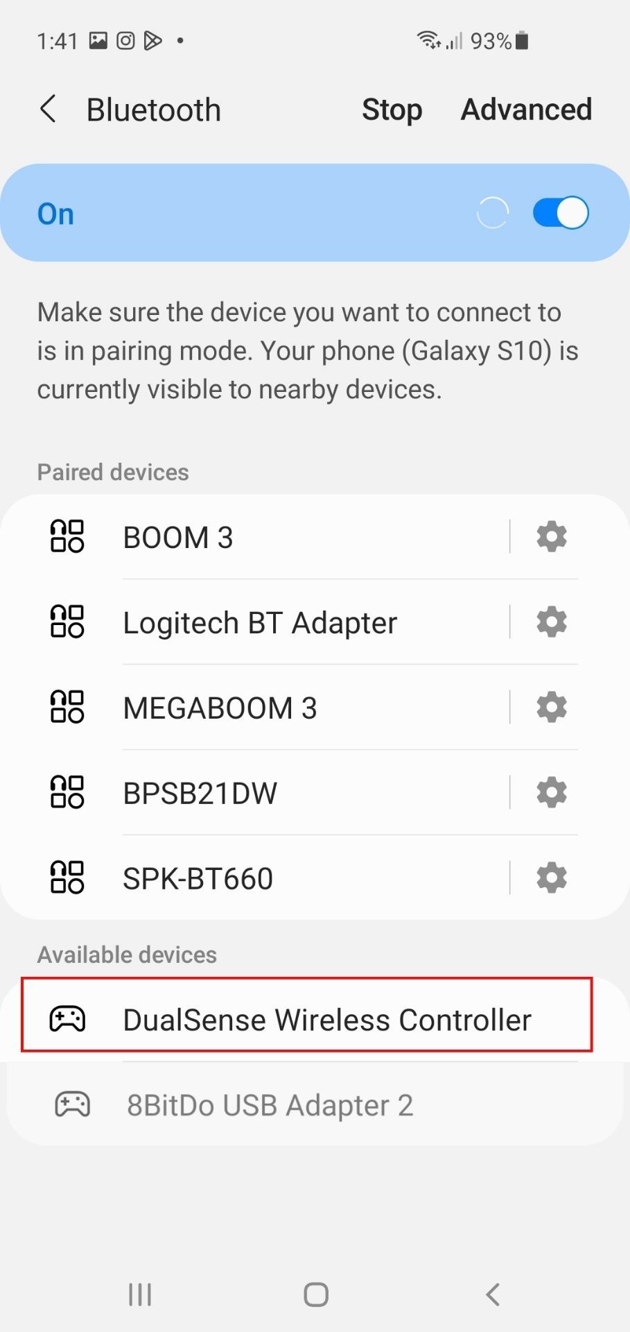 DualSense в списке Bluetooth Android