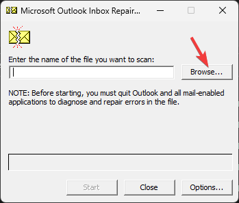Выбор файла .PST для сканирования