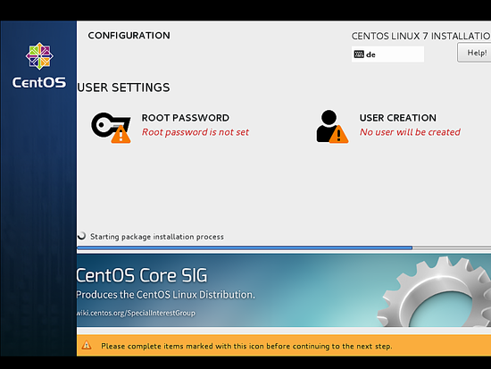 Прогресс установки CentOS отображается полосой.