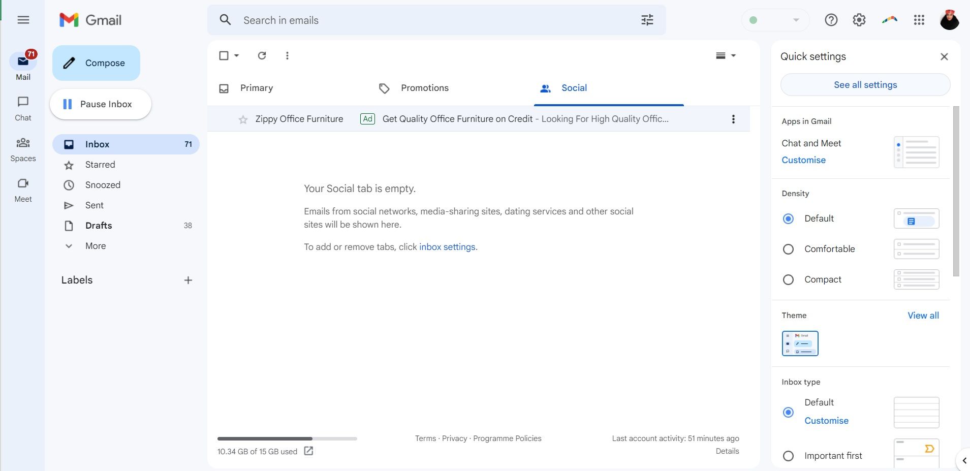 Меню настроек Gmail