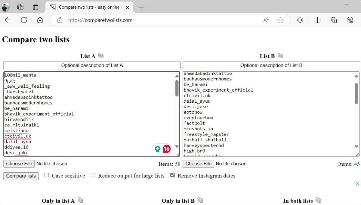 Сравнение списков подписчиков и подписок в Instagram