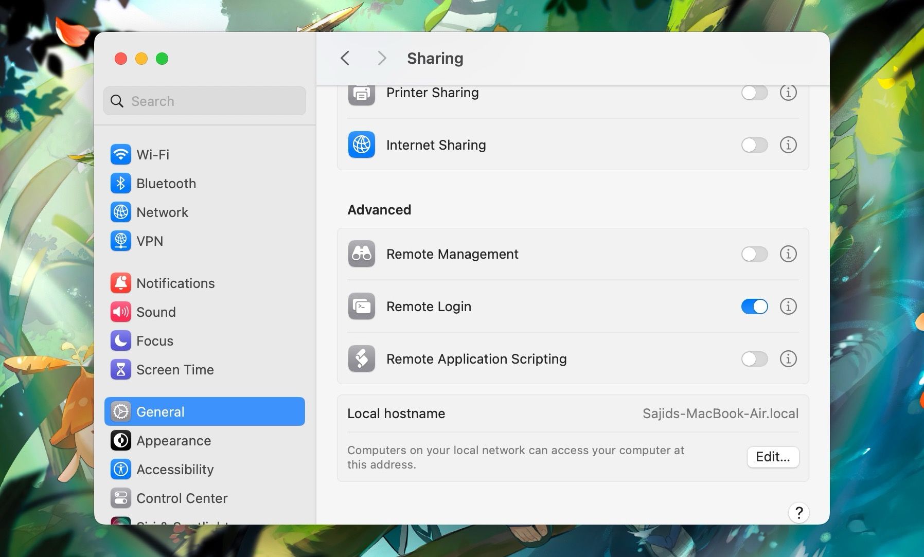 Включение Удалённого входа в Общем доступе macOS; пример команды ssh username@192.168.0.44 показан в интерфейсе