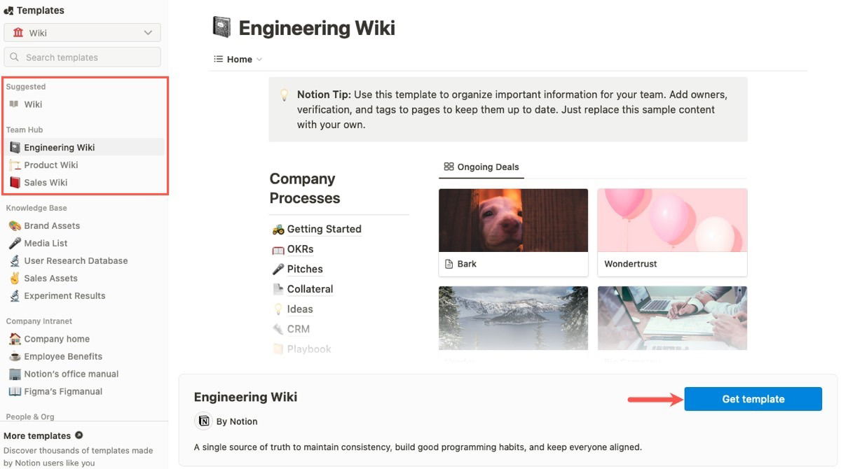 Кнопка получения шаблона в Notion