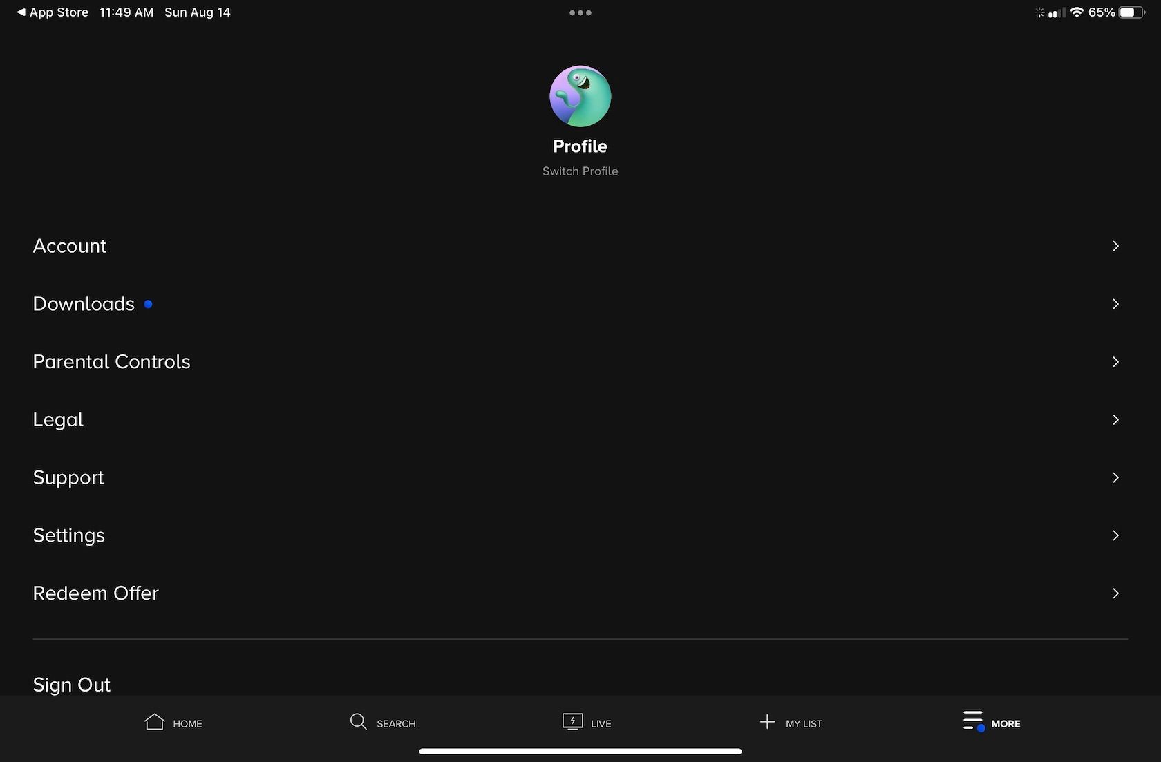 Страница аккаунта Paramount+ со списком настроек, в том числе «Загрузки»