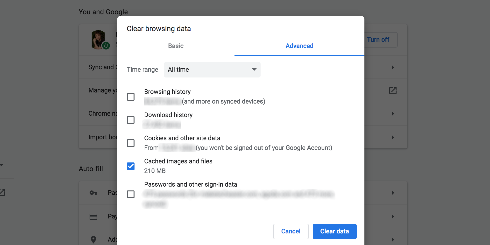 Опция удаления кэша в Chrome на компьютере