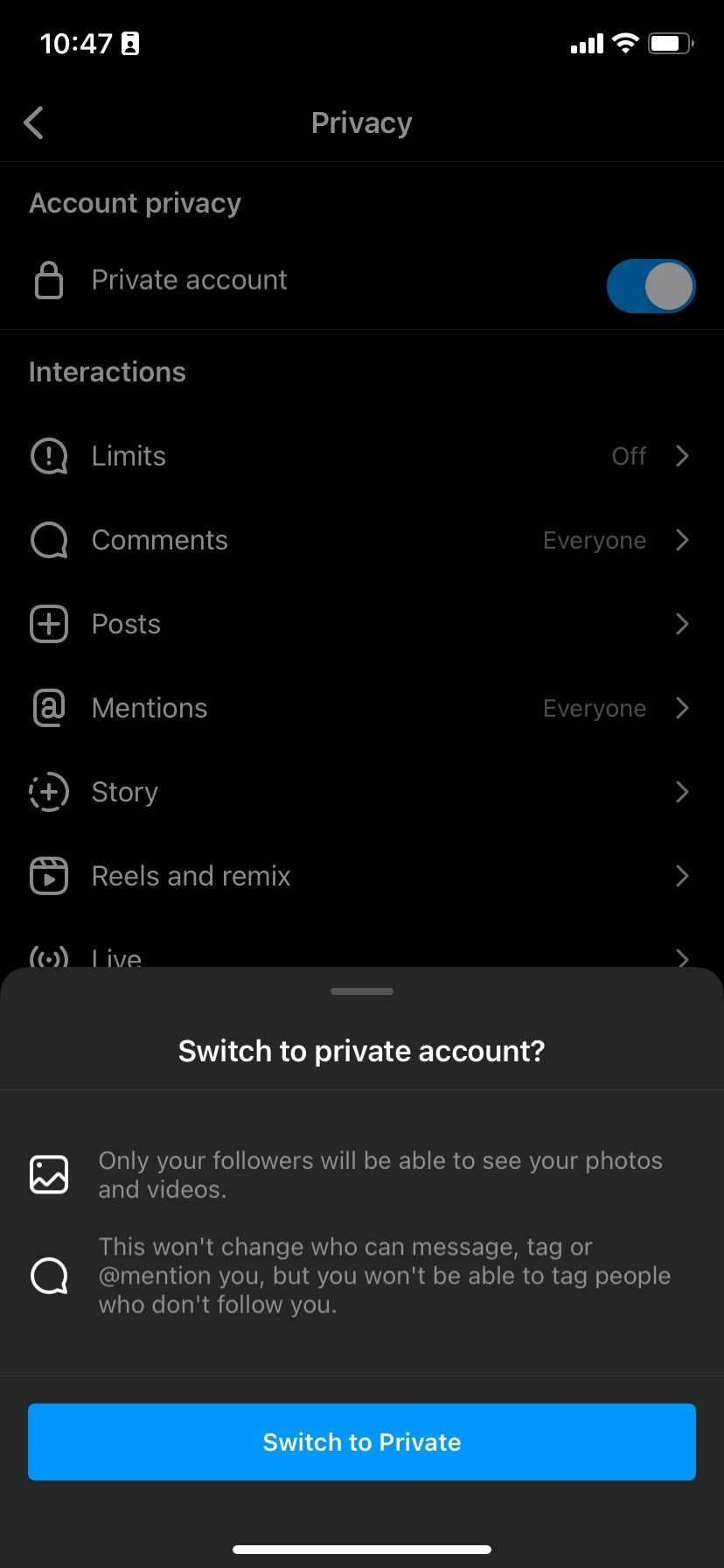 Сделать аккаунт Instagram приватным