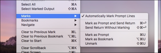 Меню Terminal: Edit → Marks → Automatically Mark Prompt Lines