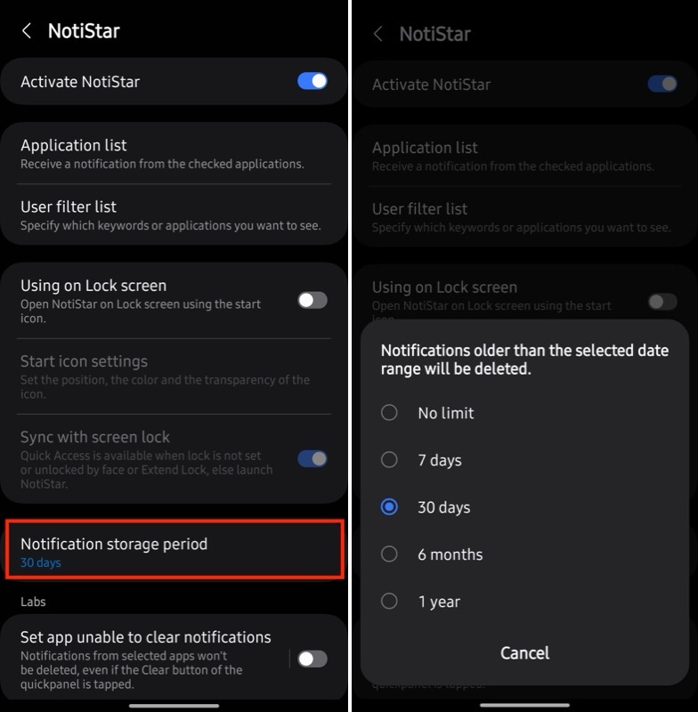 Изменение периода хранения уведомлений в NotiStar