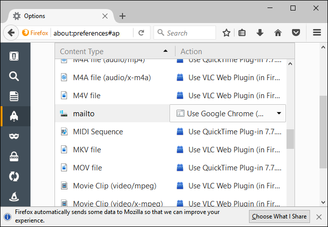 Настройки приложений и обработчиков в Firefox