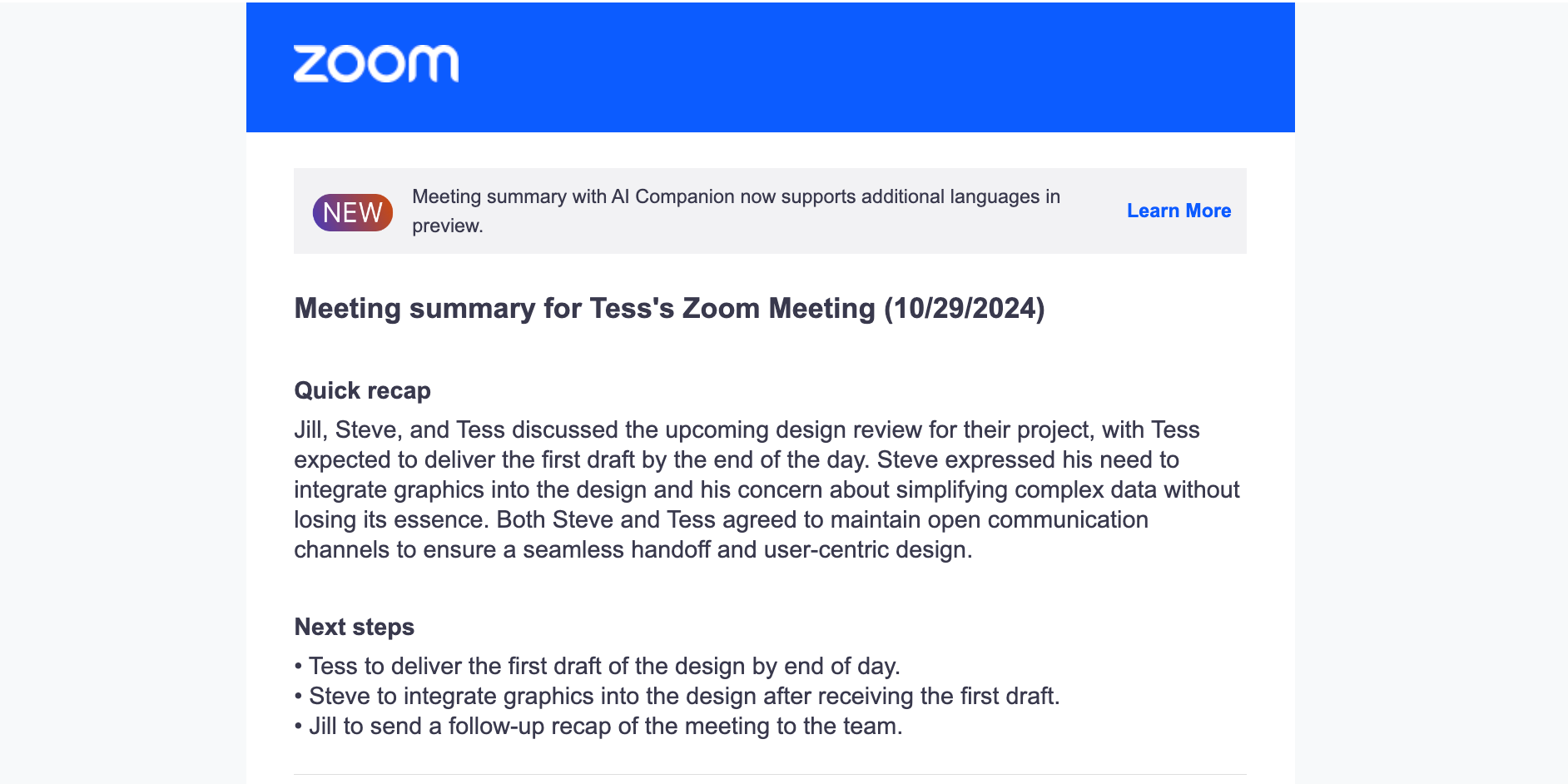 Письмо‑сводка из Zoom с выделенными действиями для участников