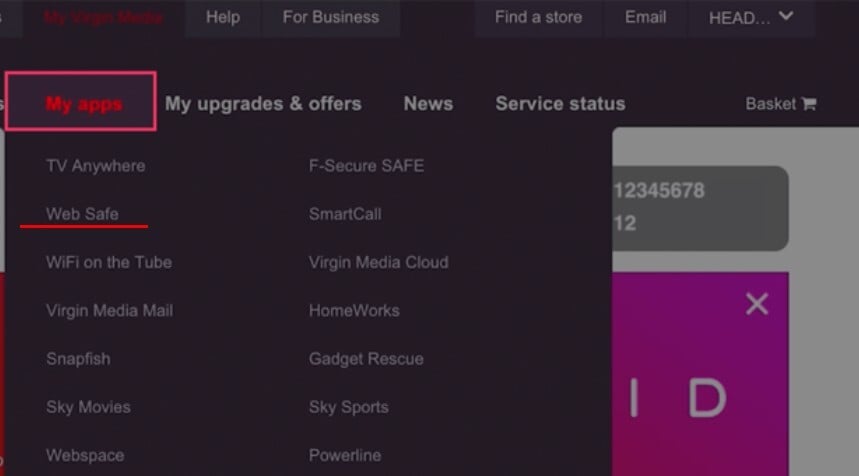 virgin media web safe feature
