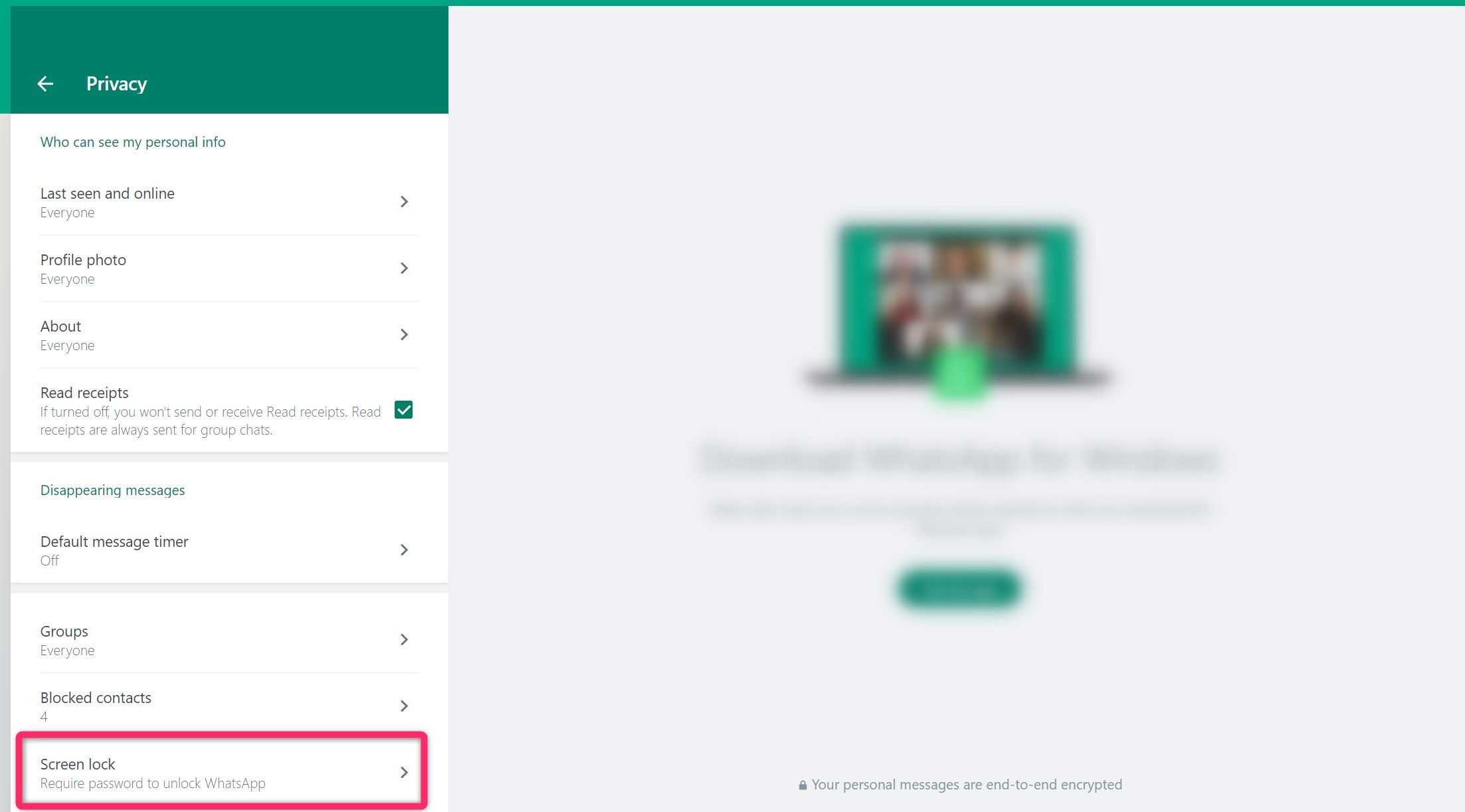 Opening screen lock settings on WhatsApp Web.