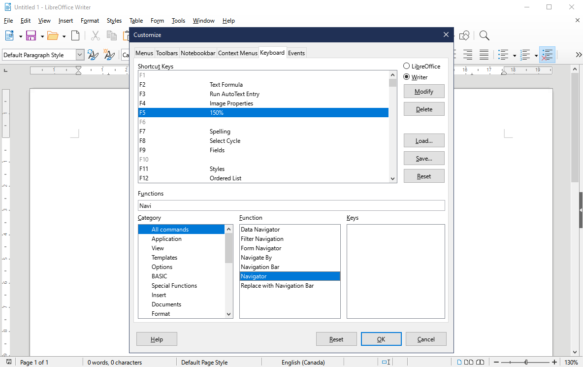 Изменение сочетаний клавиш в LibreOffice