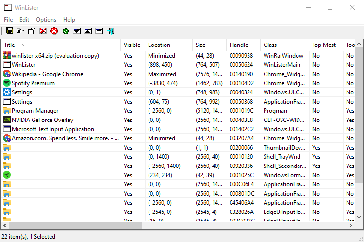 A list of open Windows on Windows 10. 