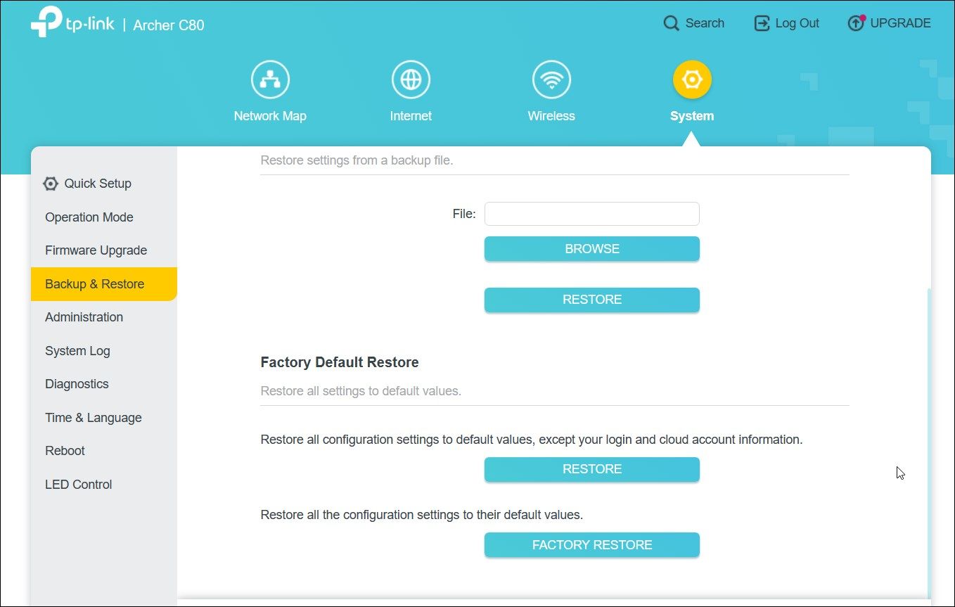 Раздел восстановления заводских настроек в веб-интерфейсе TP-Link Archer