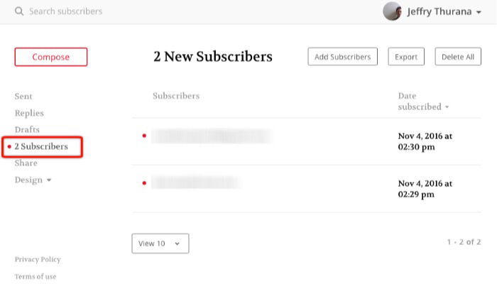 Раздел Подписчики с перечнем email и опциями управления