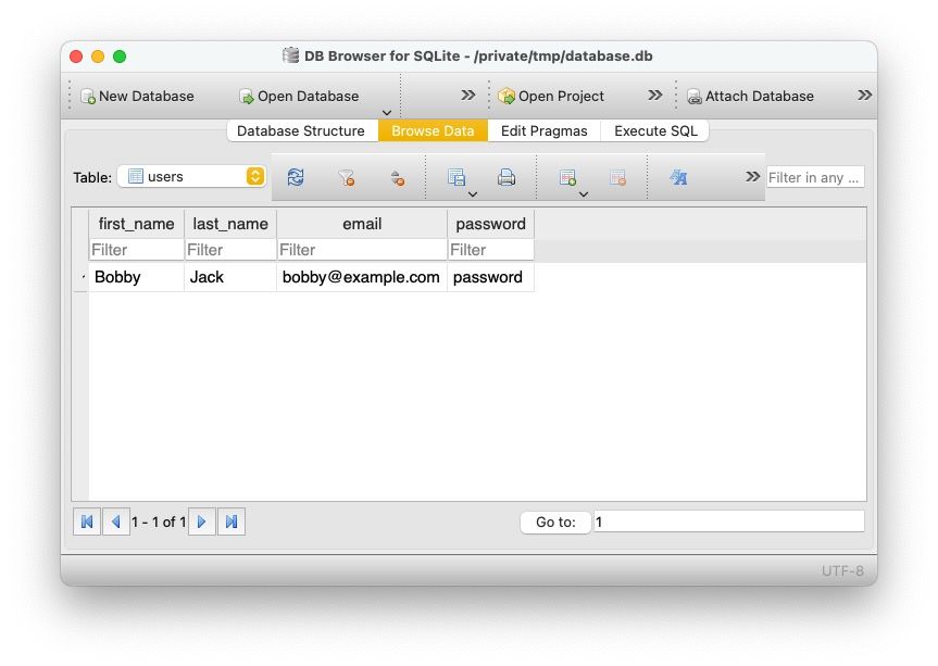 Окно DB Browser for SQLite c одной записью пользователя в таблице.