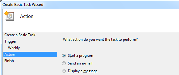 Выбор действия 'Запустить программу' в Планировщике