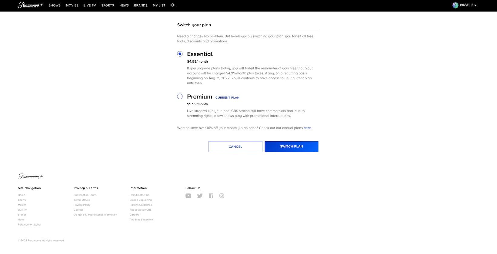 Страница редактирования плана Paramount+