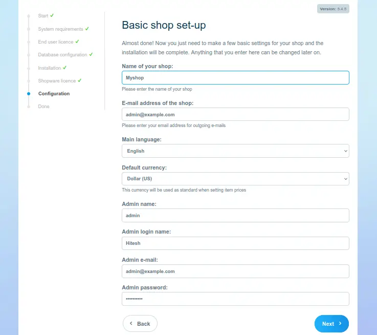 (Настройки магазина: ввод данных администратора и контактной информации)