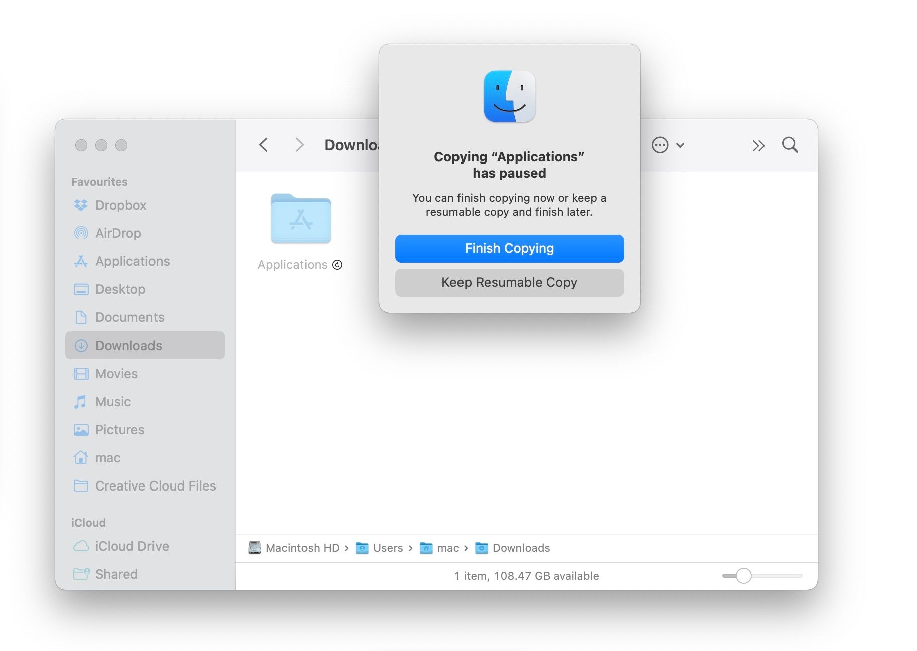 Призыв к возобновлению копирования с полупрозрачной папкой