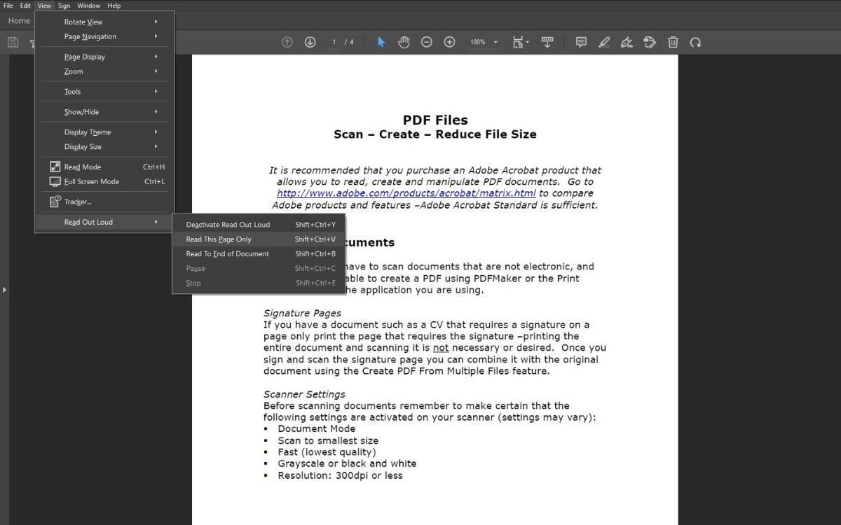 Скриншот опции Read Out Loud в Adobe Acrobat