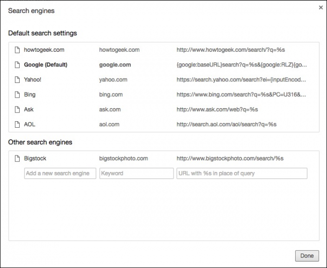 Кнопка 'Управление поисковыми системами' в настройках
