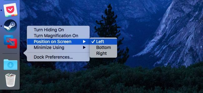 Выбор позиции дока: слева, справа, снизу