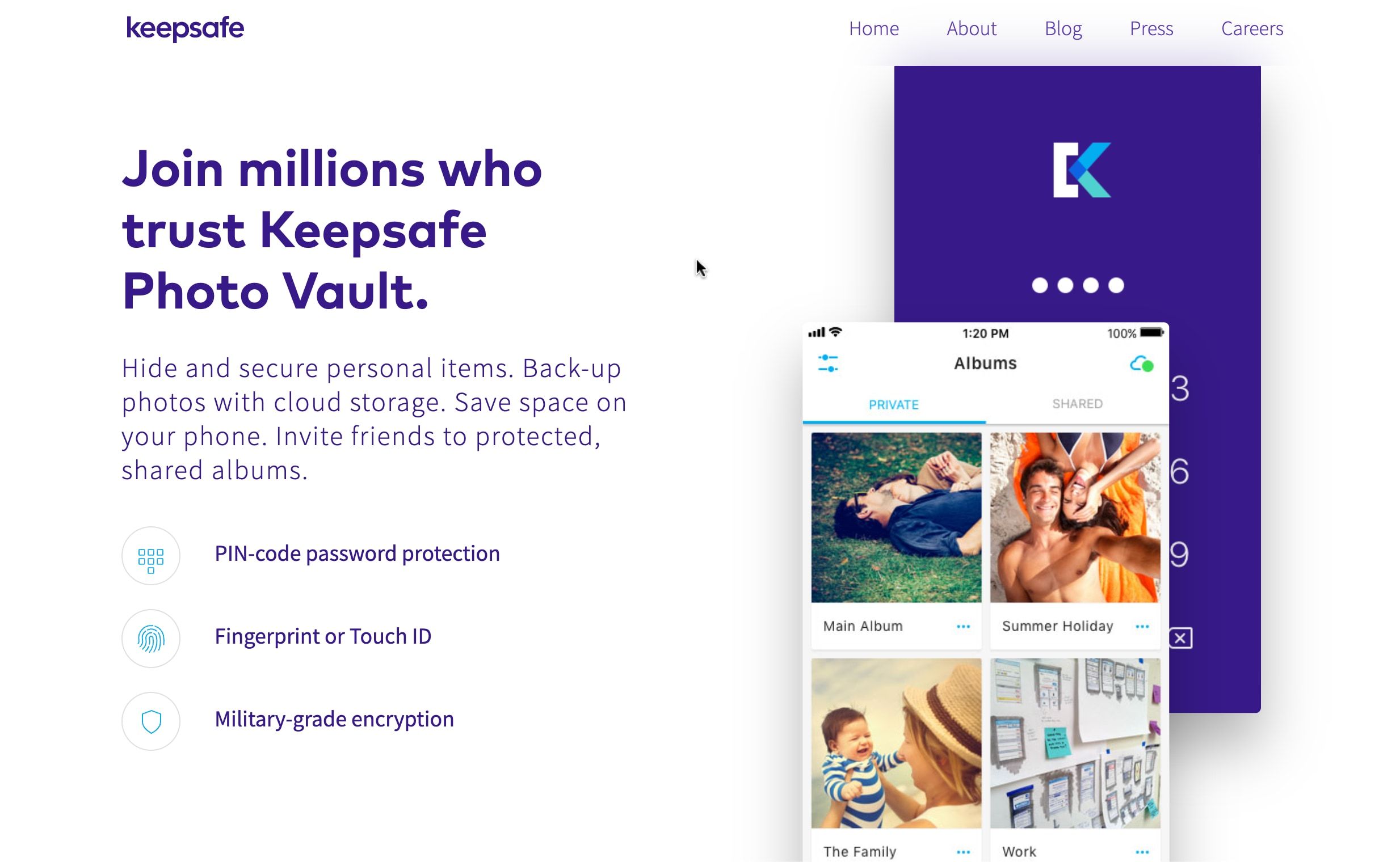 Интерфейс Keepsafe с закрытым хранилищем