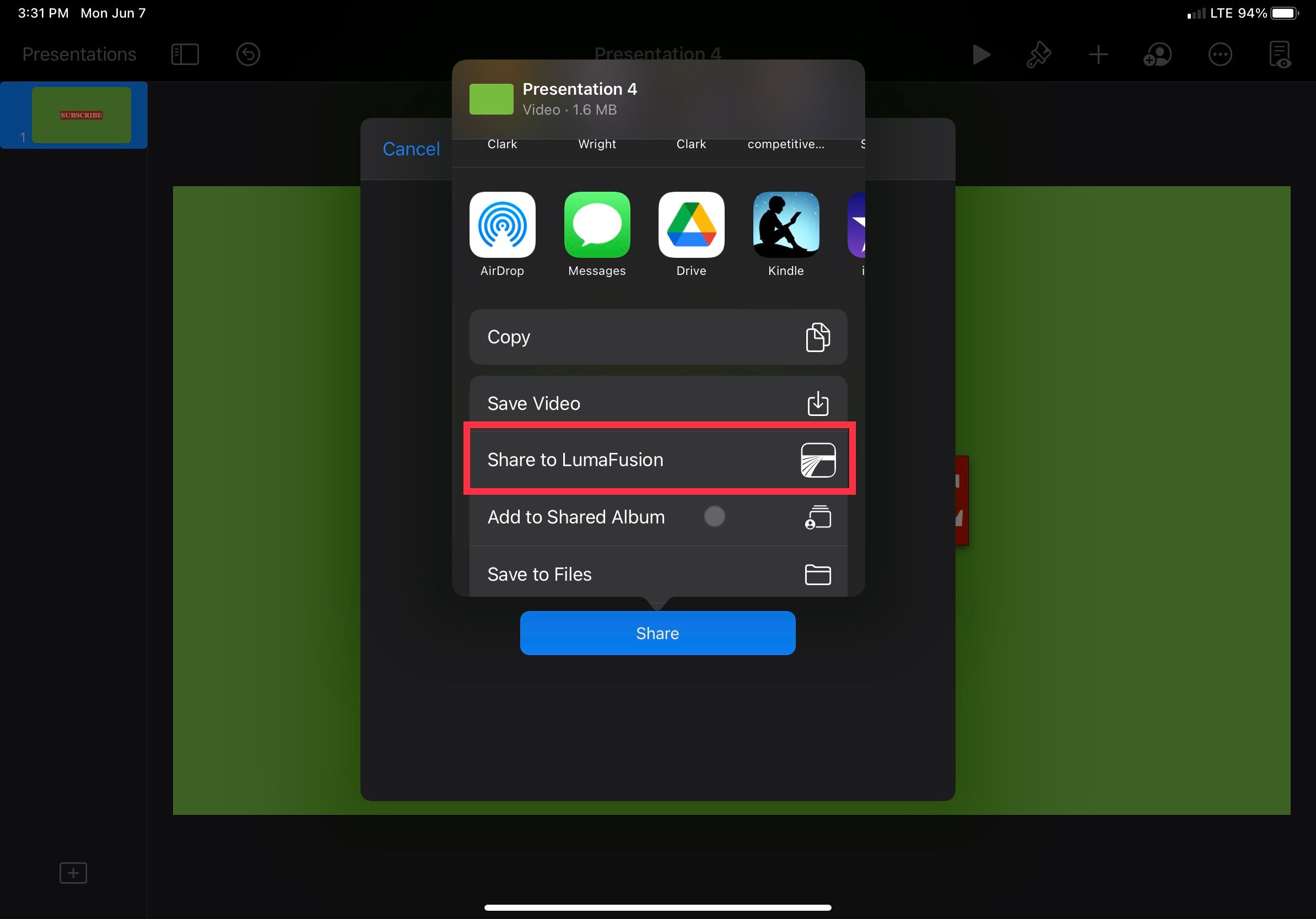 Кнопка отправки в LumaFusion из Keynote