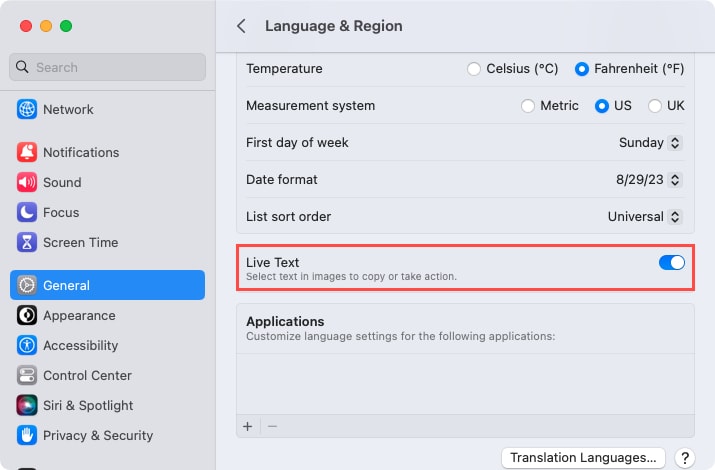 Live Text в системных настройках Mac