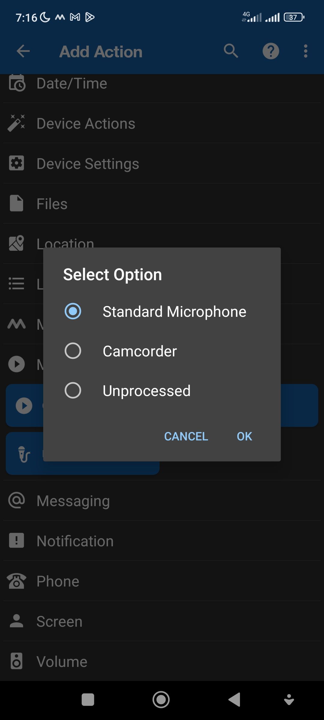 Выбор формата и папки для записи на MacroDroid