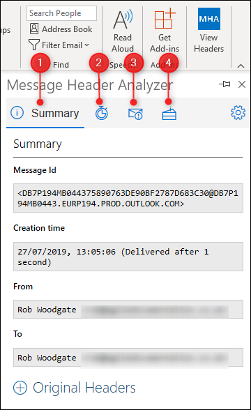 Окно Message Header Analyzer с вкладками Summary, Received, Antispam, Other.
