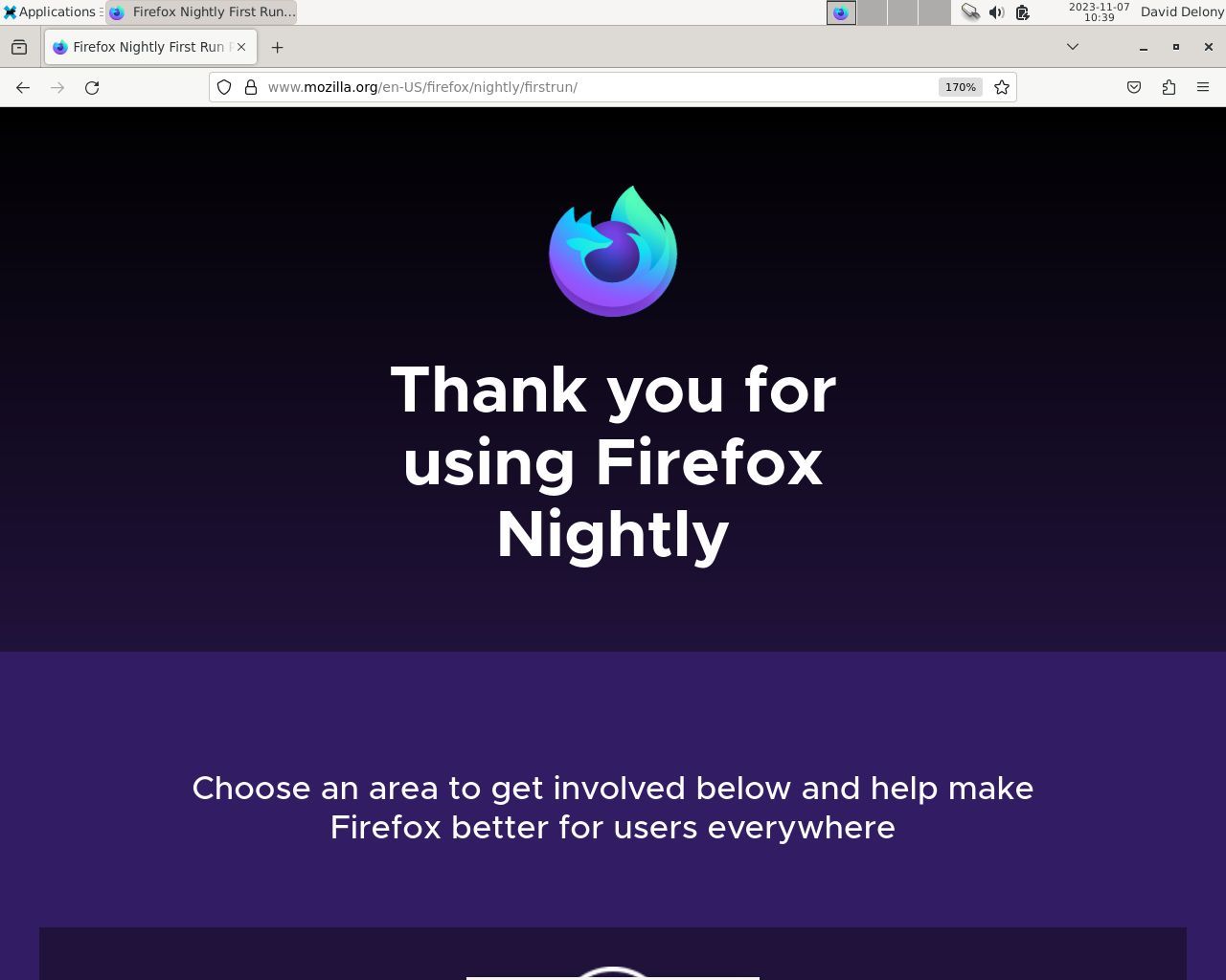Стартовая страница Firefox Nightly при первом запуске
