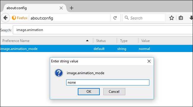 Настройка image.animation_mode в about:config для отключения или однократного воспроизведения