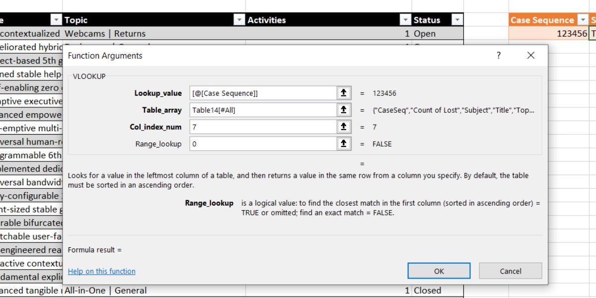 Окно аргументов VLOOKUP с Range_Lookup, установленным в FALSE