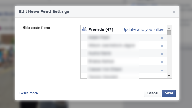Окно с кнопкой Изменить параметры ленты новостей и список отключённых пользователей