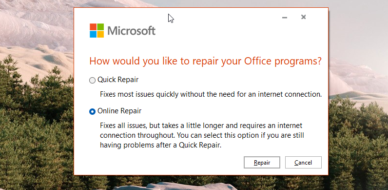 Окно выбора режима восстановления Microsoft Office с опцией Online Repair