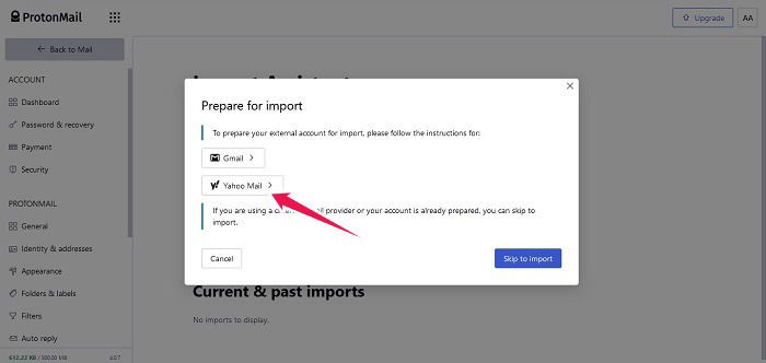 Добавление Yahoo в импортер ProtonMail