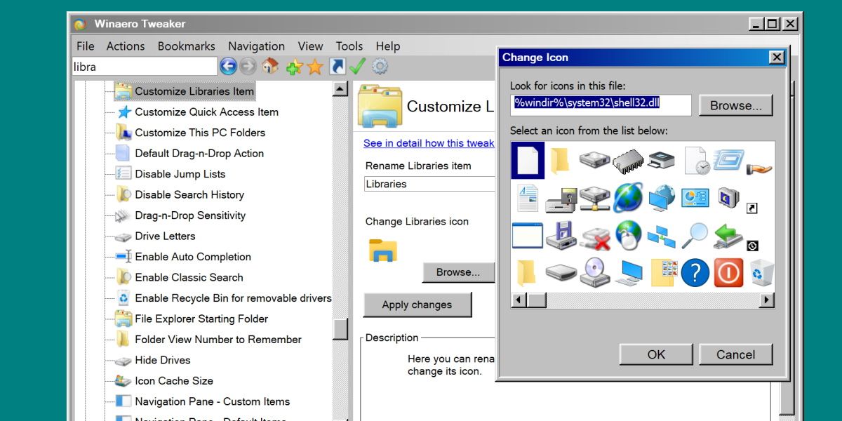 Скриншот Winaero Tweaker с настройками иконок