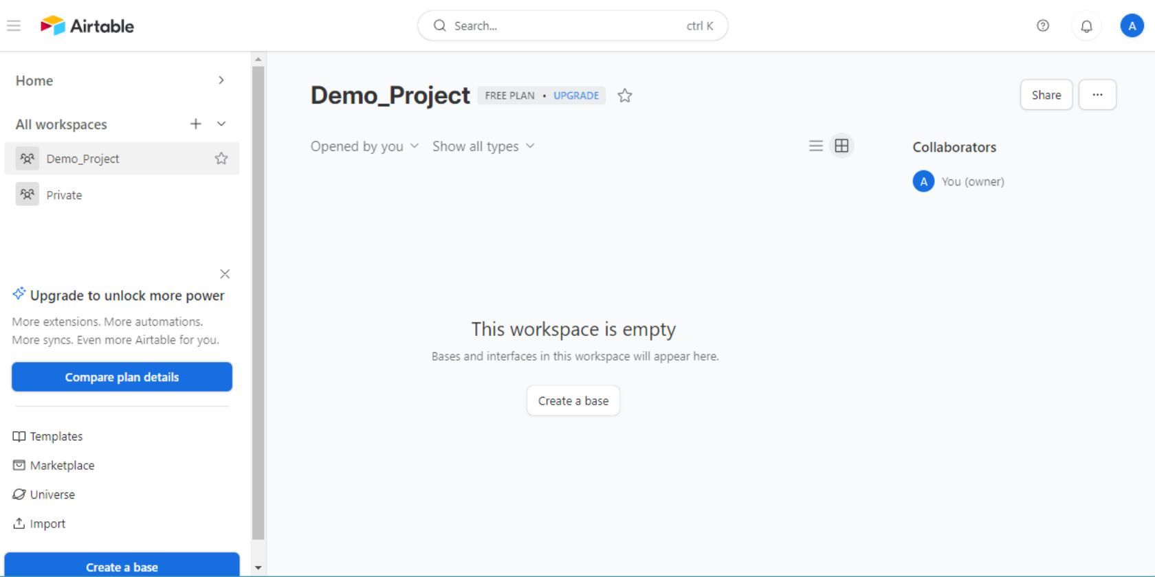 Скриншот Airtable, показывающий создание базы в рабочем пространстве