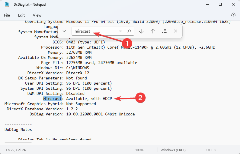 Поиск Miracast в сохранённом файле dxdiag